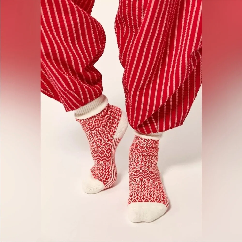 Free People Nordic Bundle Red and White Heart Patterned Socks Knit 3 Pairs New